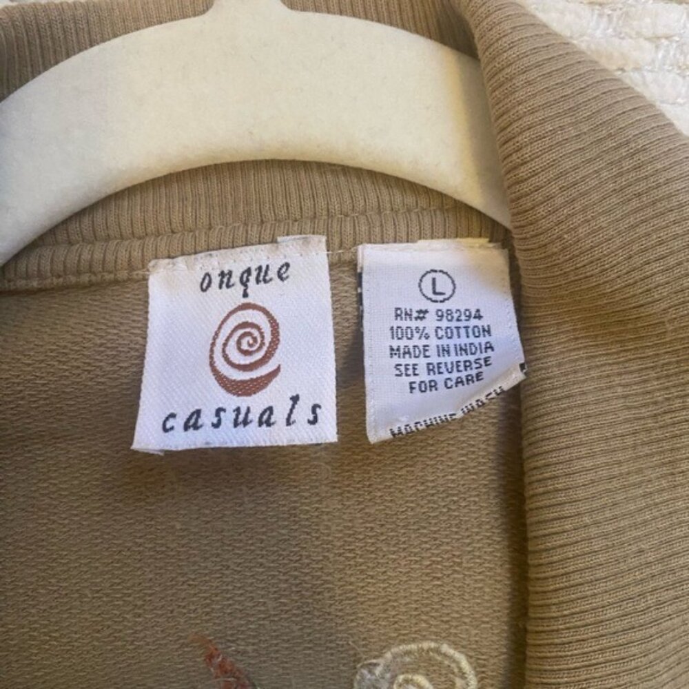 Onque Casuals Women's Tan Button-Up Cotton Jacket With Cat Appliqués Size L - Picture 4 of 6